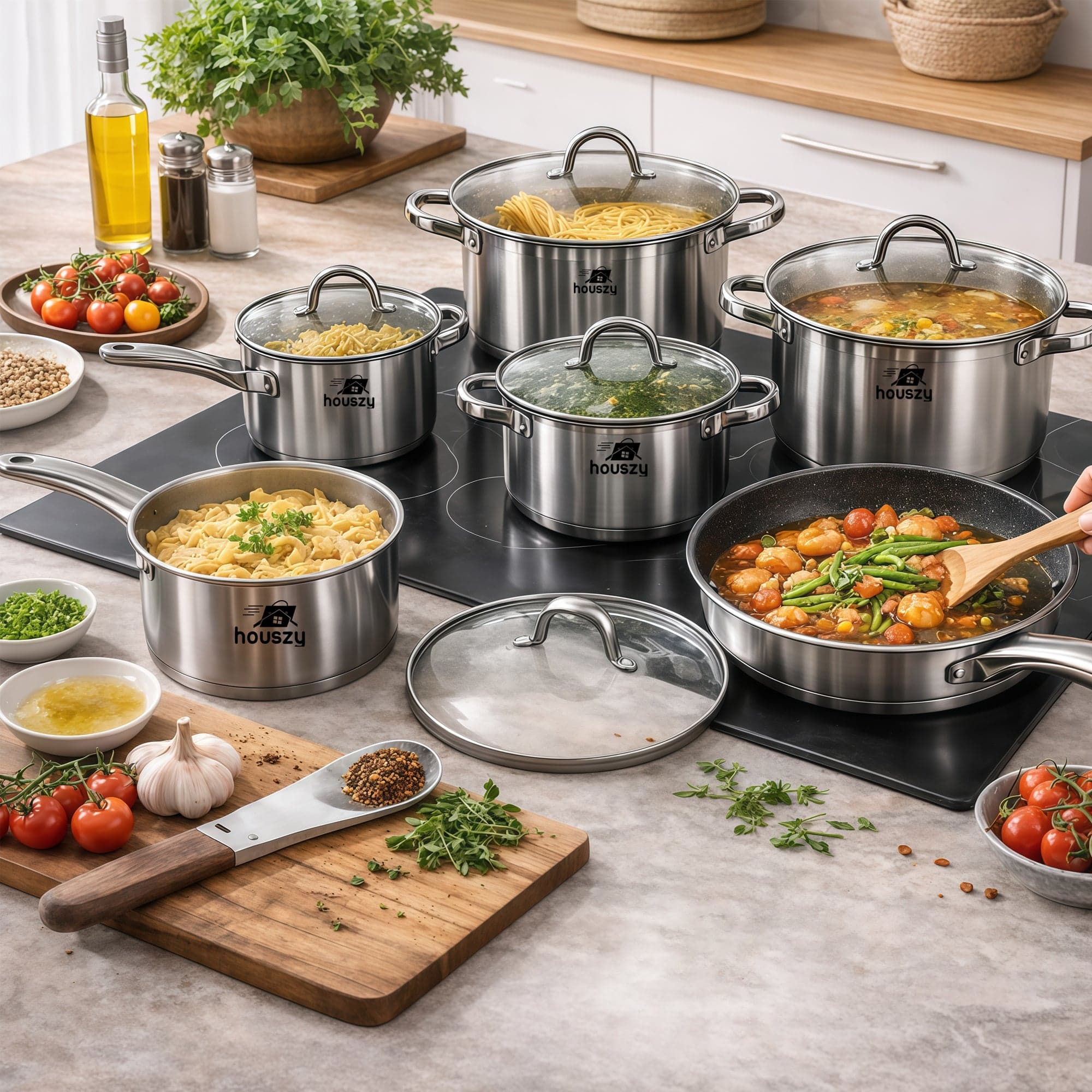 Stainless Steel Non-stick Cookware Set with Glass Lids - 12pcs hover