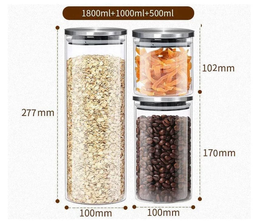 Borosilicate Glass Sealed Storage 3 Jar Set With Stainless Steel Lid Kitchen Storage Container Stackable Modular Cereal Container Jar (500Ml / 1000Ml / 1800Ml) Airtight Utensils Tin Canister hover