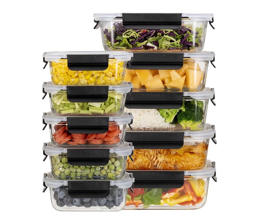 Glass Meal Prep Containers With Snap Lock Lids - Set Of 10 (Black) - Houszy