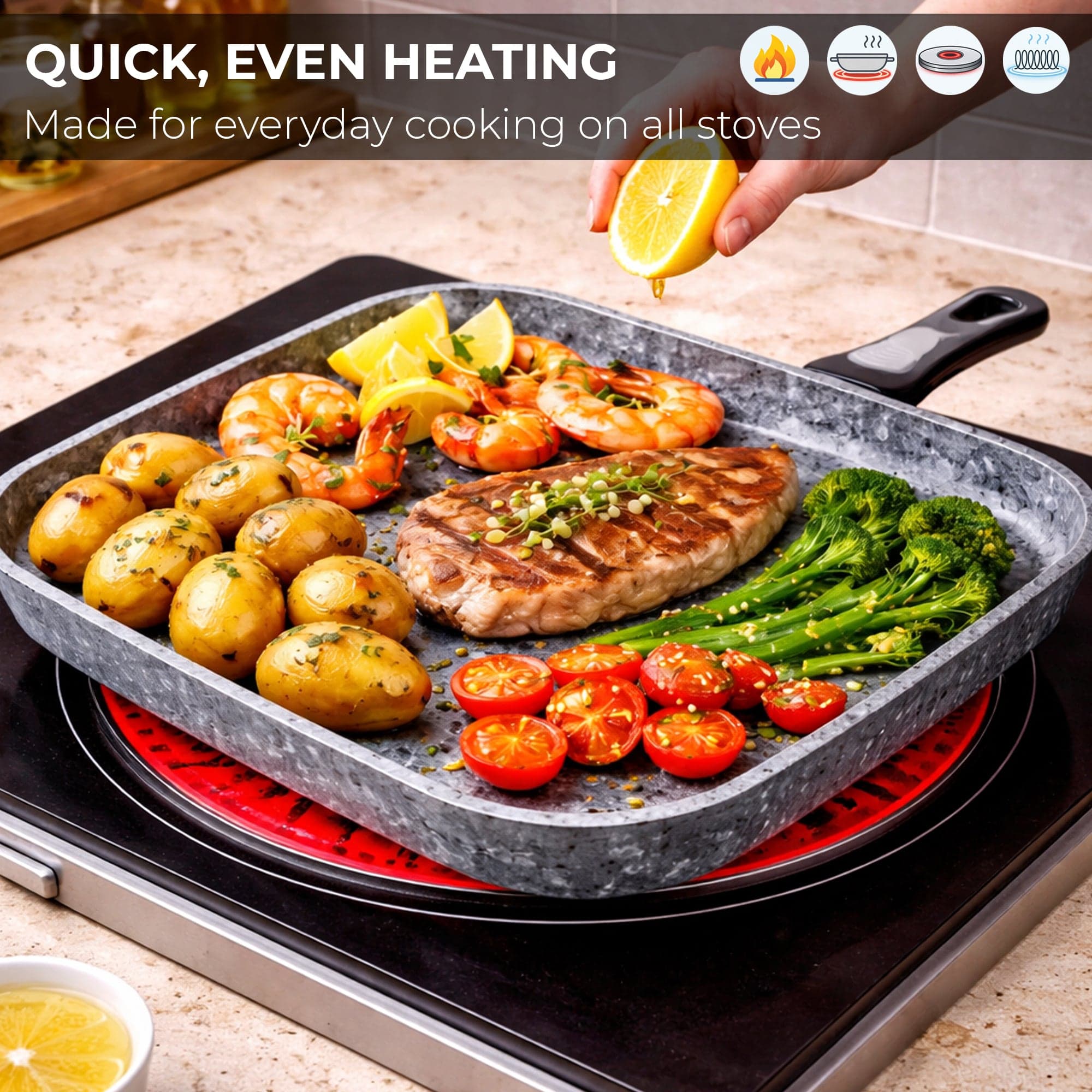 26cm Non-Stick Grill Pan | Removable Handle, Induction Safe, Granite Coated – Houszy hover