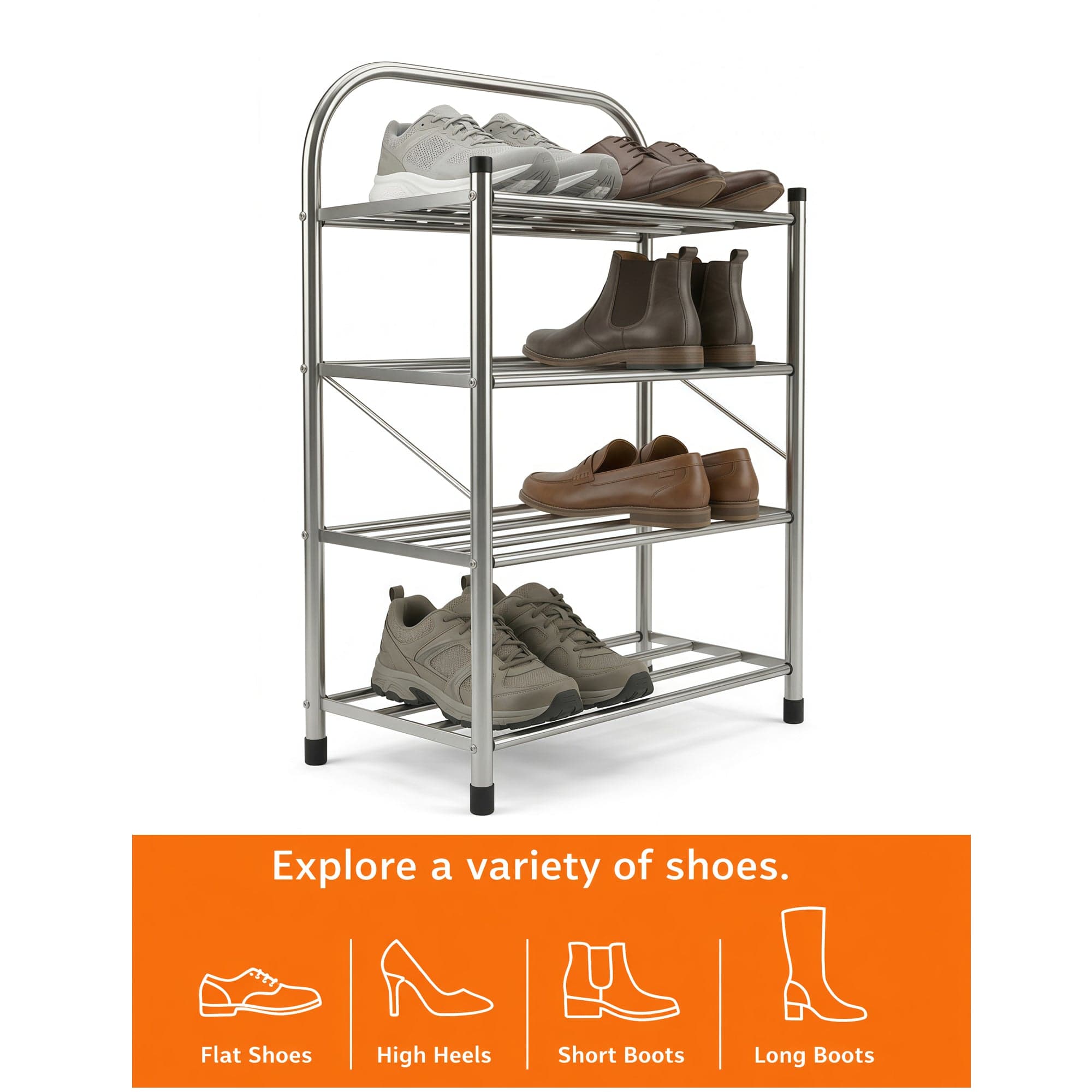 Stainless Steel Shoe Rack- 4-Tier, Ideal for Living Room or Hallway (Silver)-Houszy® hover