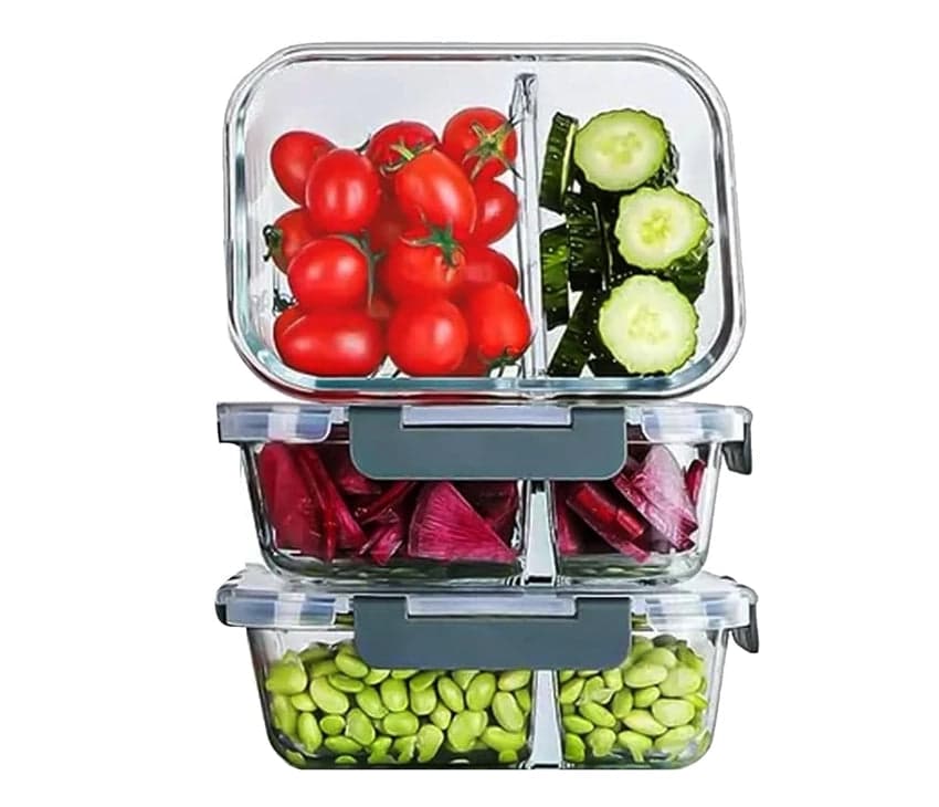 2-Compartment Glass Meal Prep Containers With Snap Lock Lids–Set Of 3-Houszy® hover
