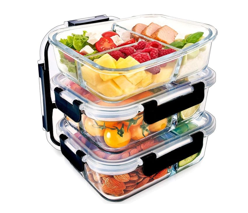 3-Compartment Glass Meal Prep Containers With Snap Lock Lids–Set Of 3-Houszy® hover