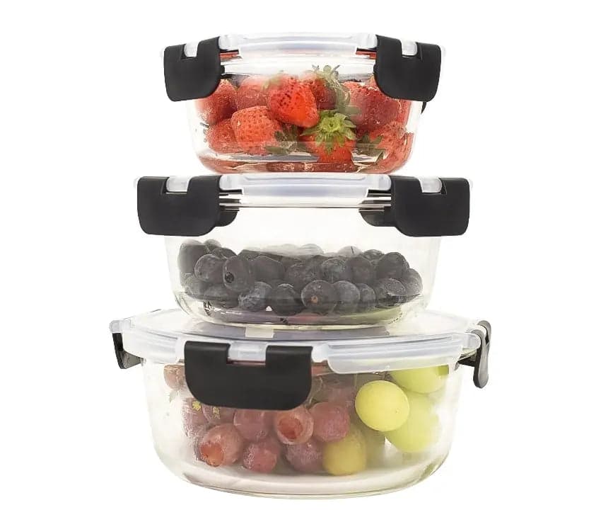 Round Glass Containers With Snap Lock Lids (Stackable) - Set Of 3 - Houszy® hover